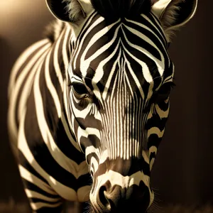 Wild striped equine grazing in African reserve.