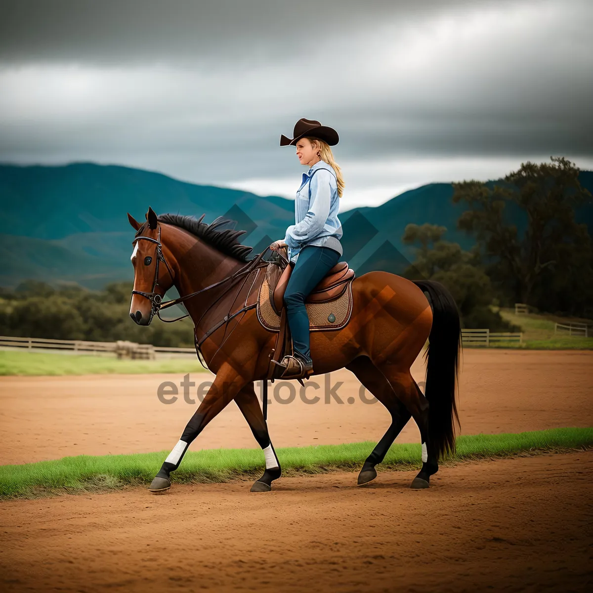 Picture of Brown stallion with polo mallet in field.