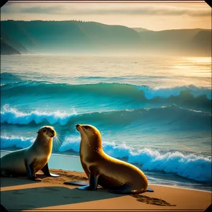 Seal basking on sandy beach in the Arctic