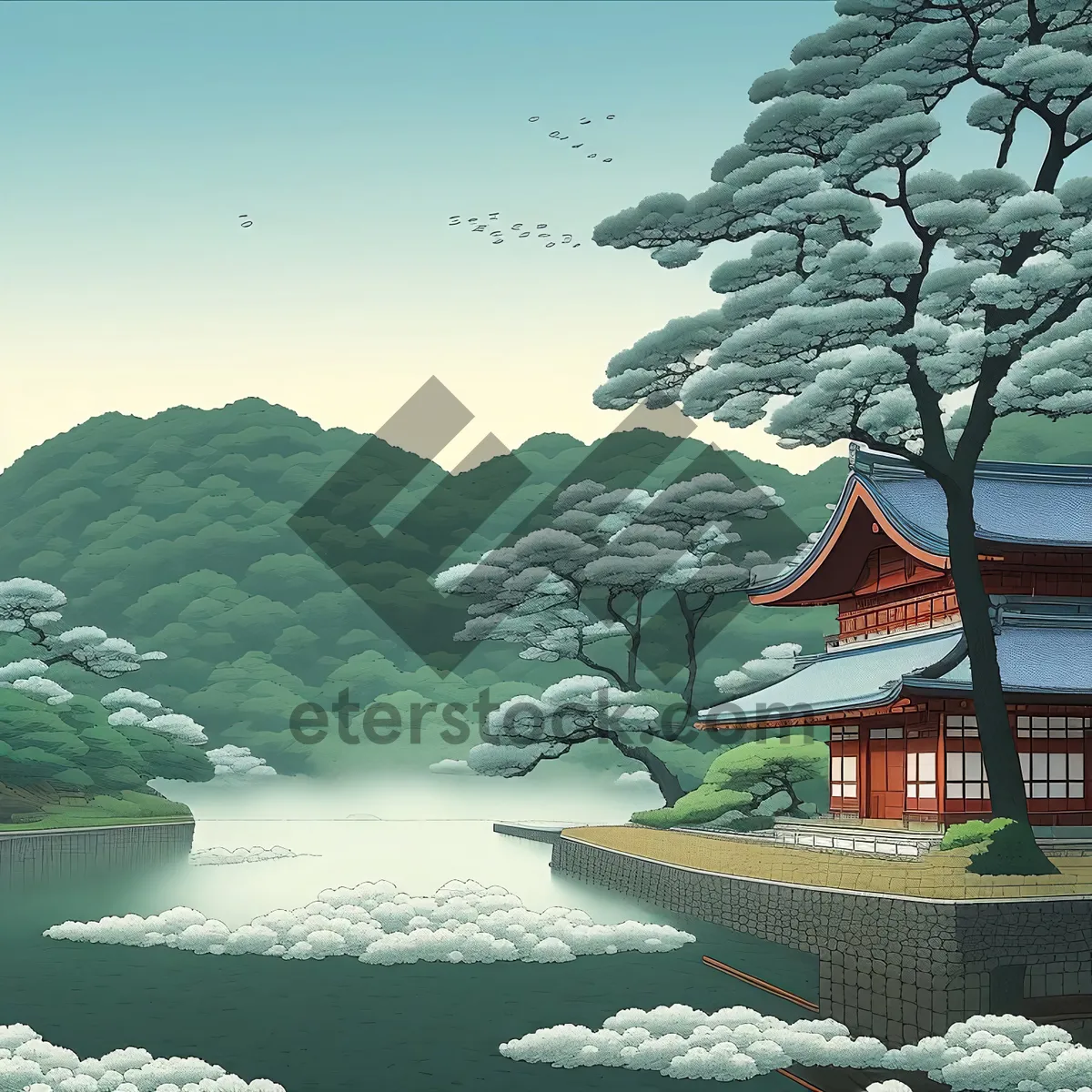 Picture of Scenic cityscape skyline with river and mountains
