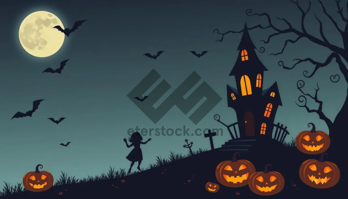 Picture of Spooky Night Silhouette with Moon and Bat