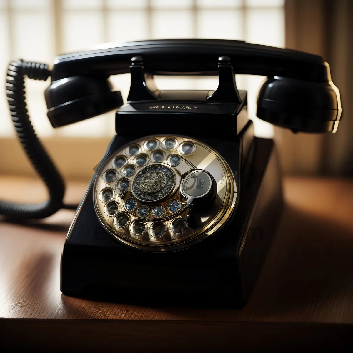 Picture of Vintage black rotary dial telephone for office communication