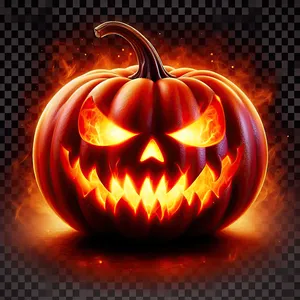 Bright orange pumpkin with carved sinister face, lit from inside by fire, creates burning jack-o'-lantern effect on transparent background, png format. AI, Generation, Illustration