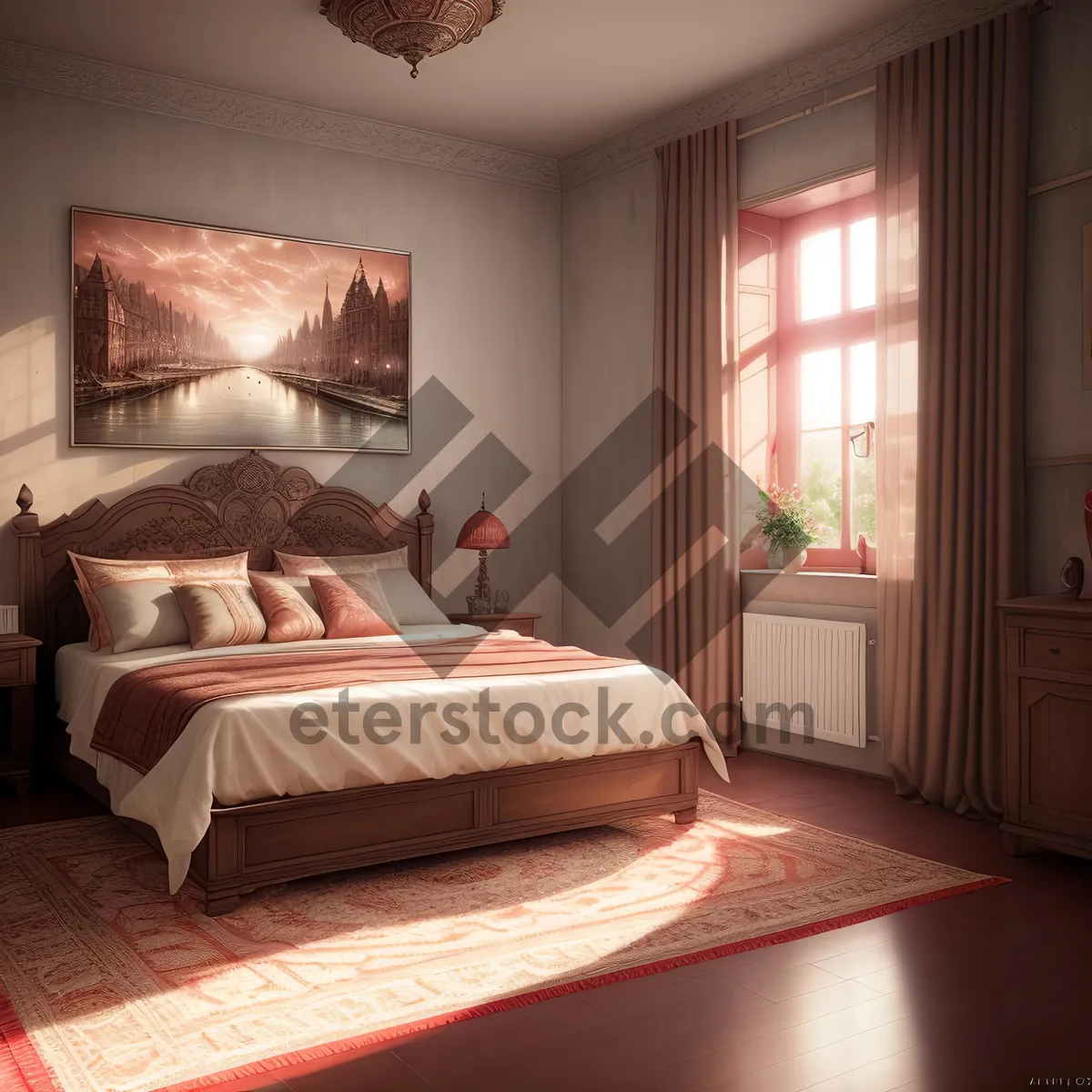 Picture of Modern bedroom interior with cozy furniture and inviting ambiance.
