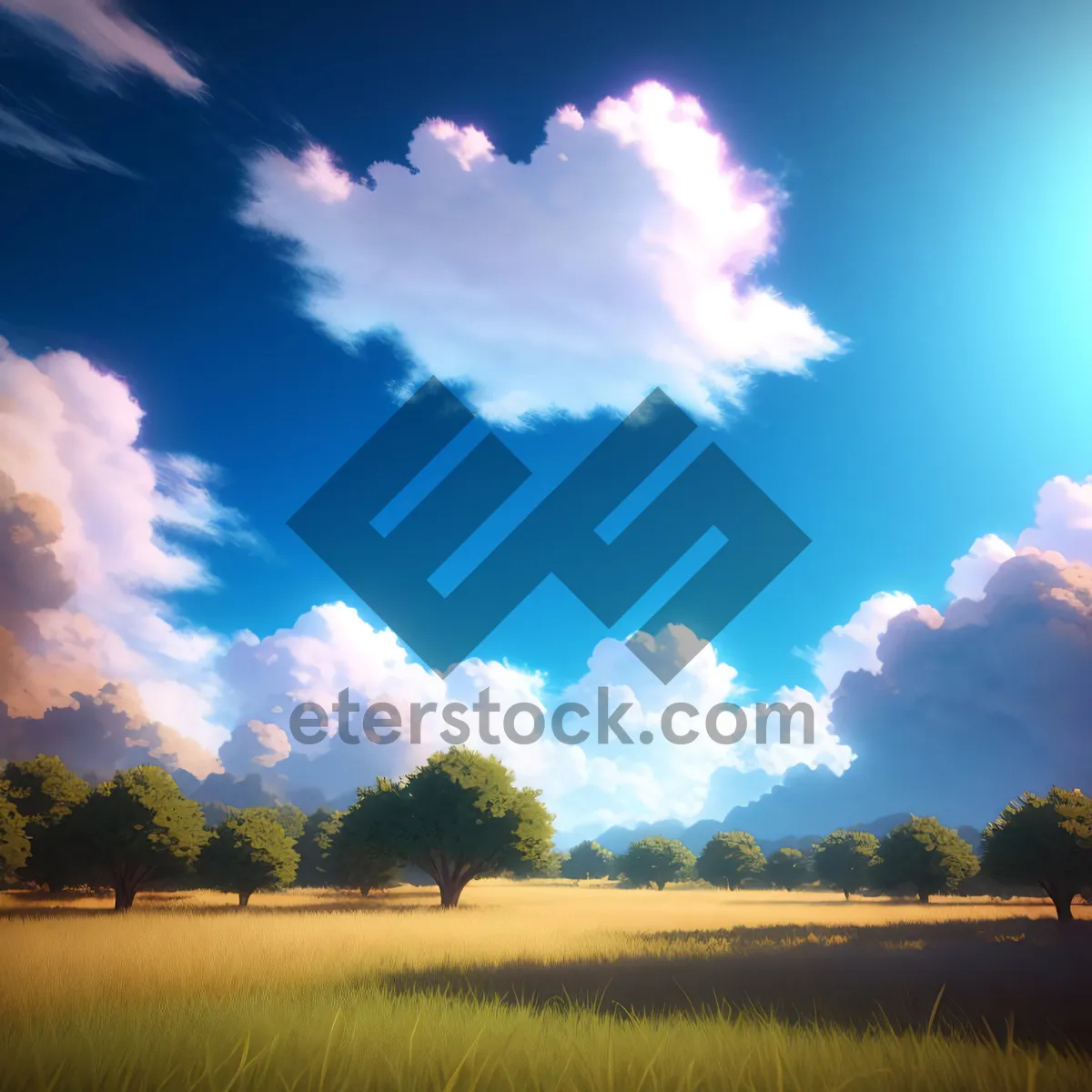 Picture of Golden Horizon: Serene Countryside Landscape under Clear Sky