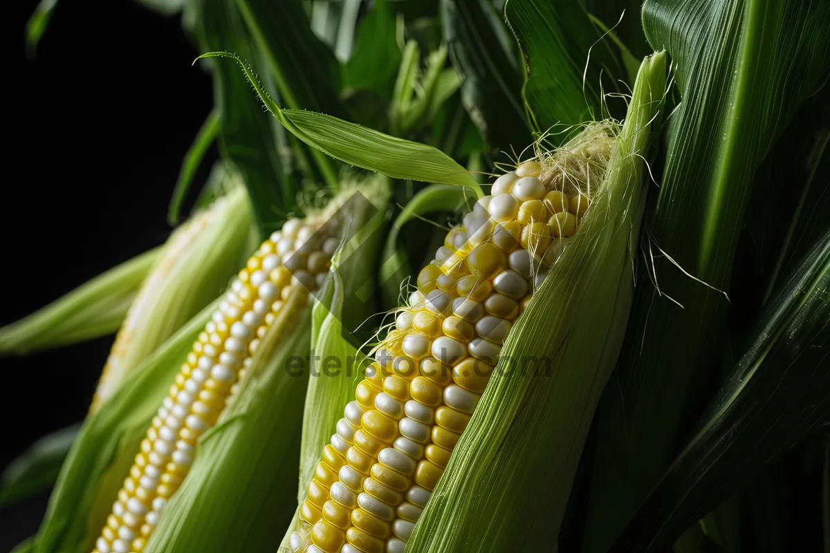 Picture of Fresh Yellow Corn Cob in Organic Farm Field