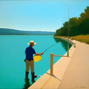 Man fishing at beach on a sunny day