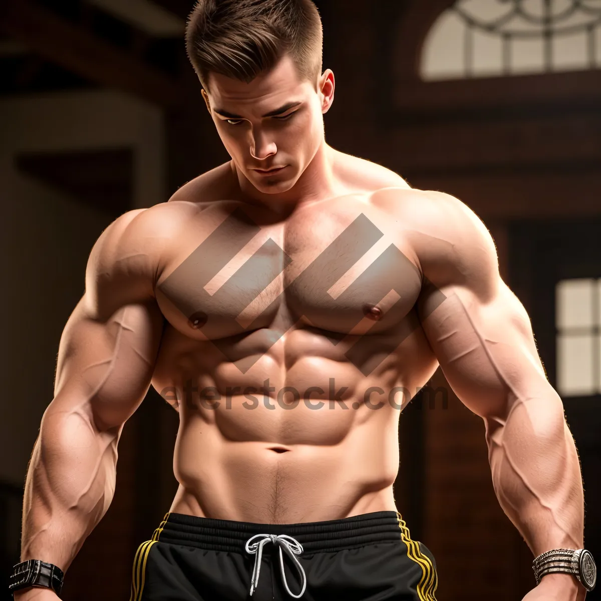 Picture of Muscular Male Bodybuilder Flexing Strong Biceps