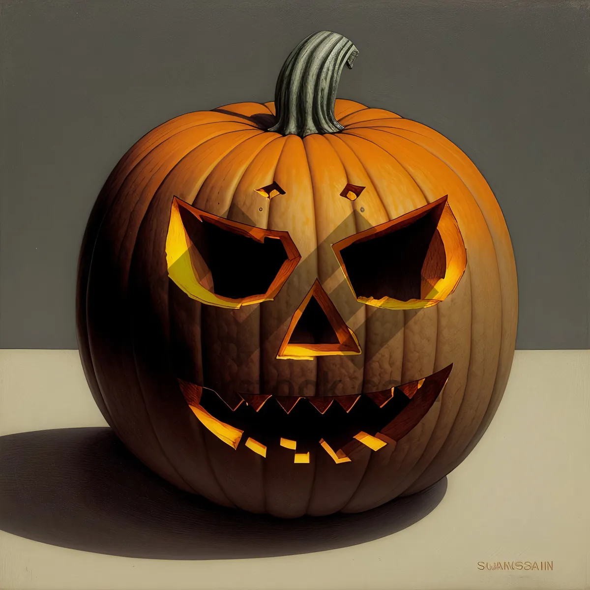 Picture of Spooky Pumpkin Jack-o'-Lantern Illuminated with a Glowing Candle