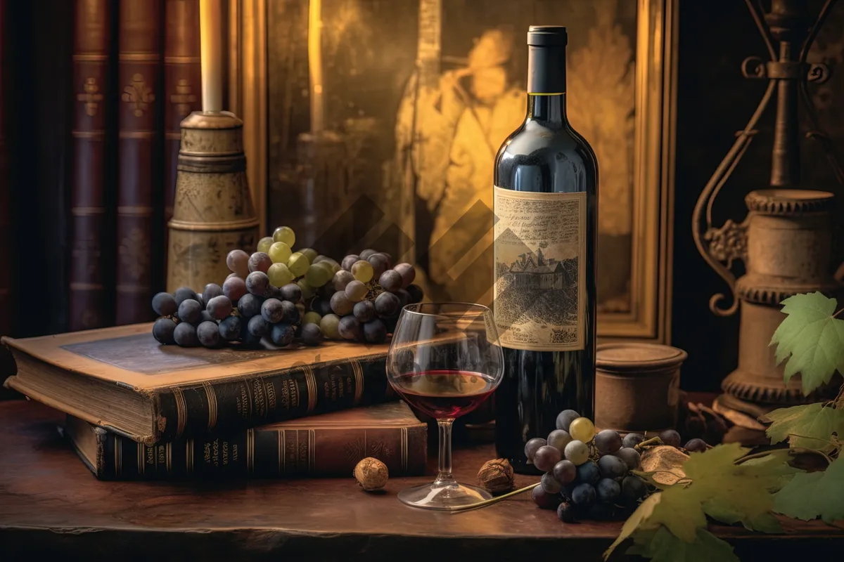 Picture of Wine bottle and glass on restaurant table