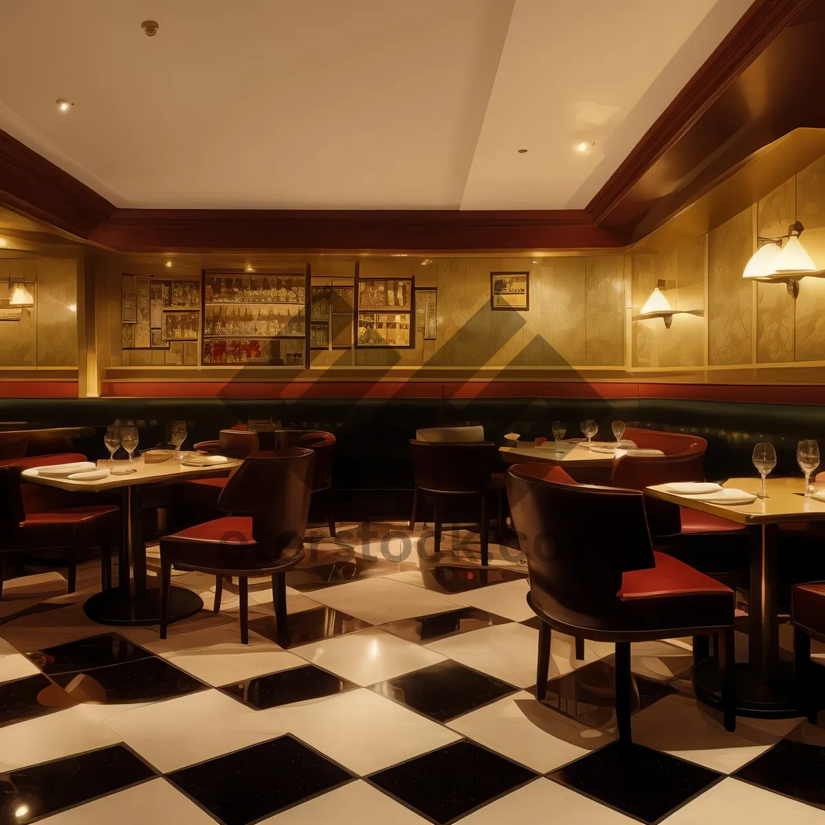 Picture of Modern luxury restaurant interior design with wooden furniture and glass windows