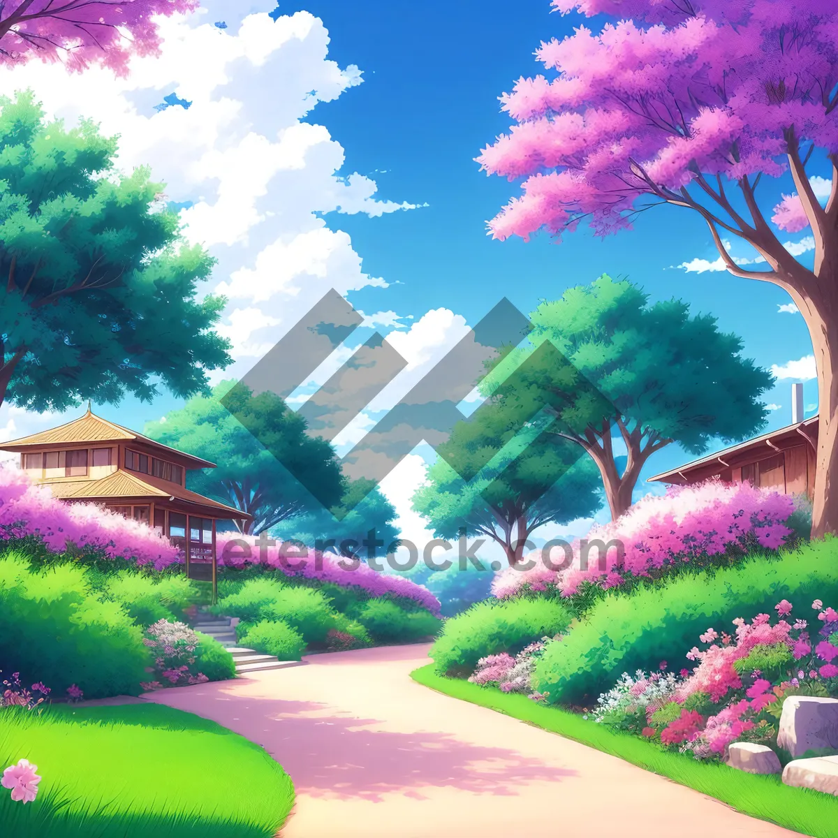 Picture of Colorful Spring Landscape in Park with Pink Trees