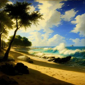 Serene Sunset Beachscape with Palm Trees