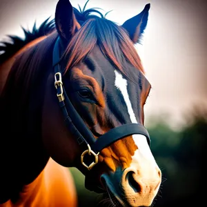 Thoroughbred stallion grazing in rural meadow.