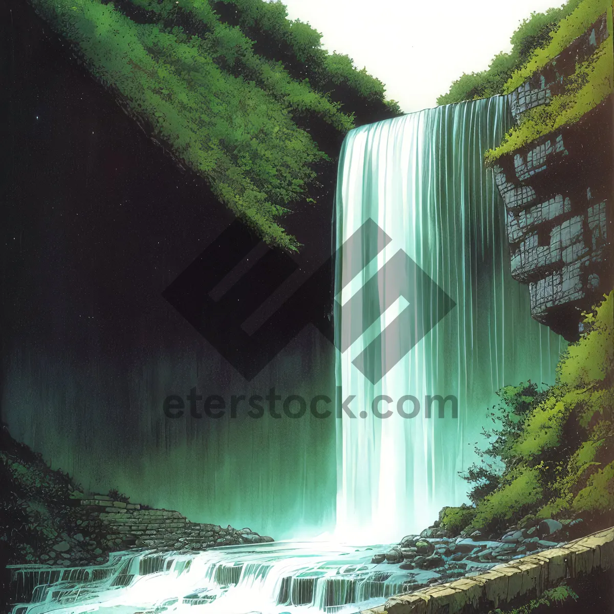 Picture of Serene Cascading Waterfall in Rocky Forest Landscape