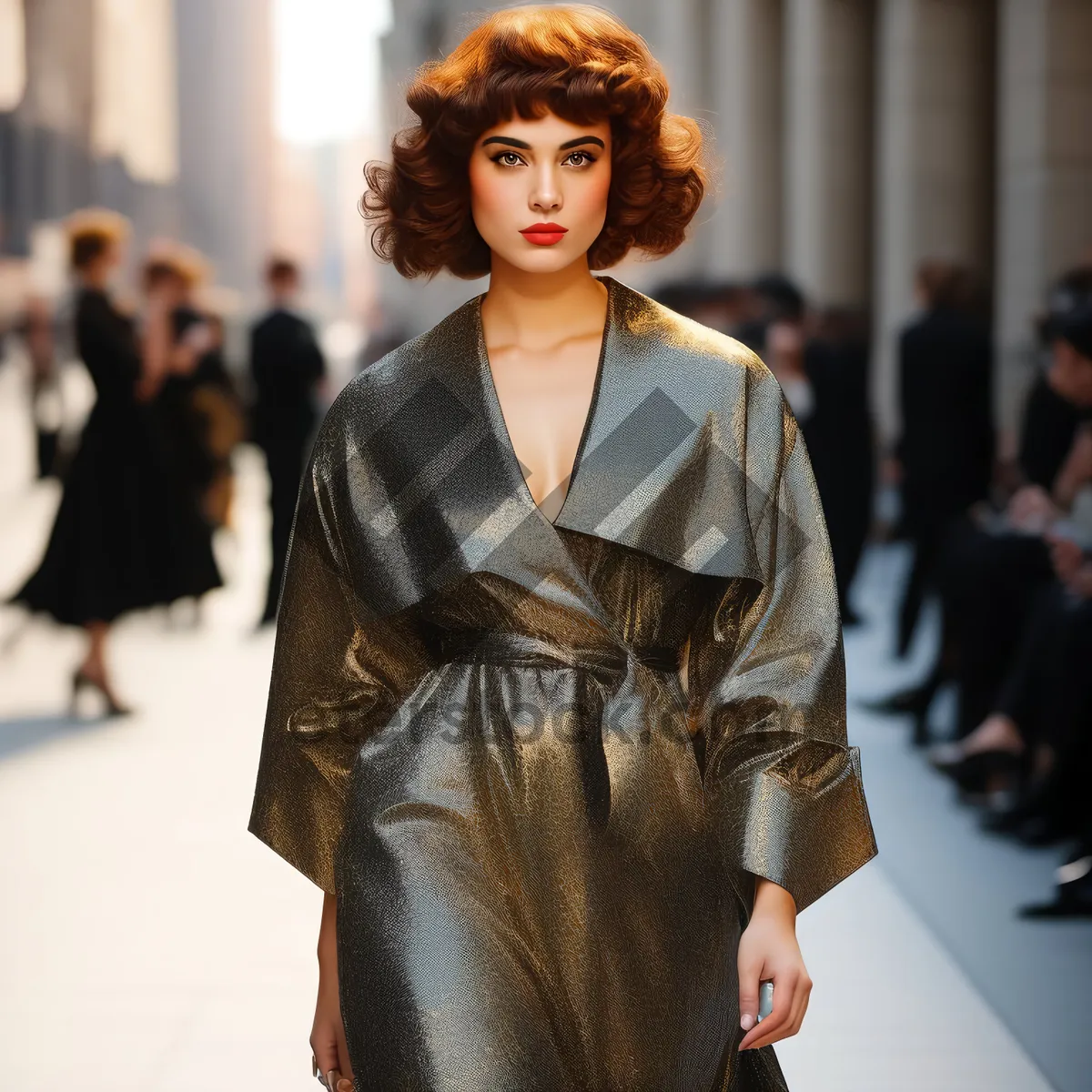 Picture of Smiling fashion model in leather kimono