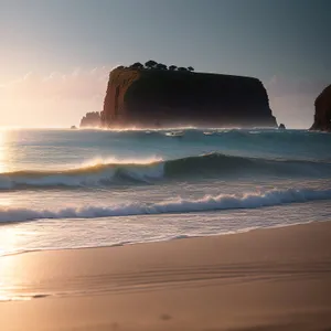 Serene Beach Bliss: Tranquil Ocean Waves Caressing Sandy Shore