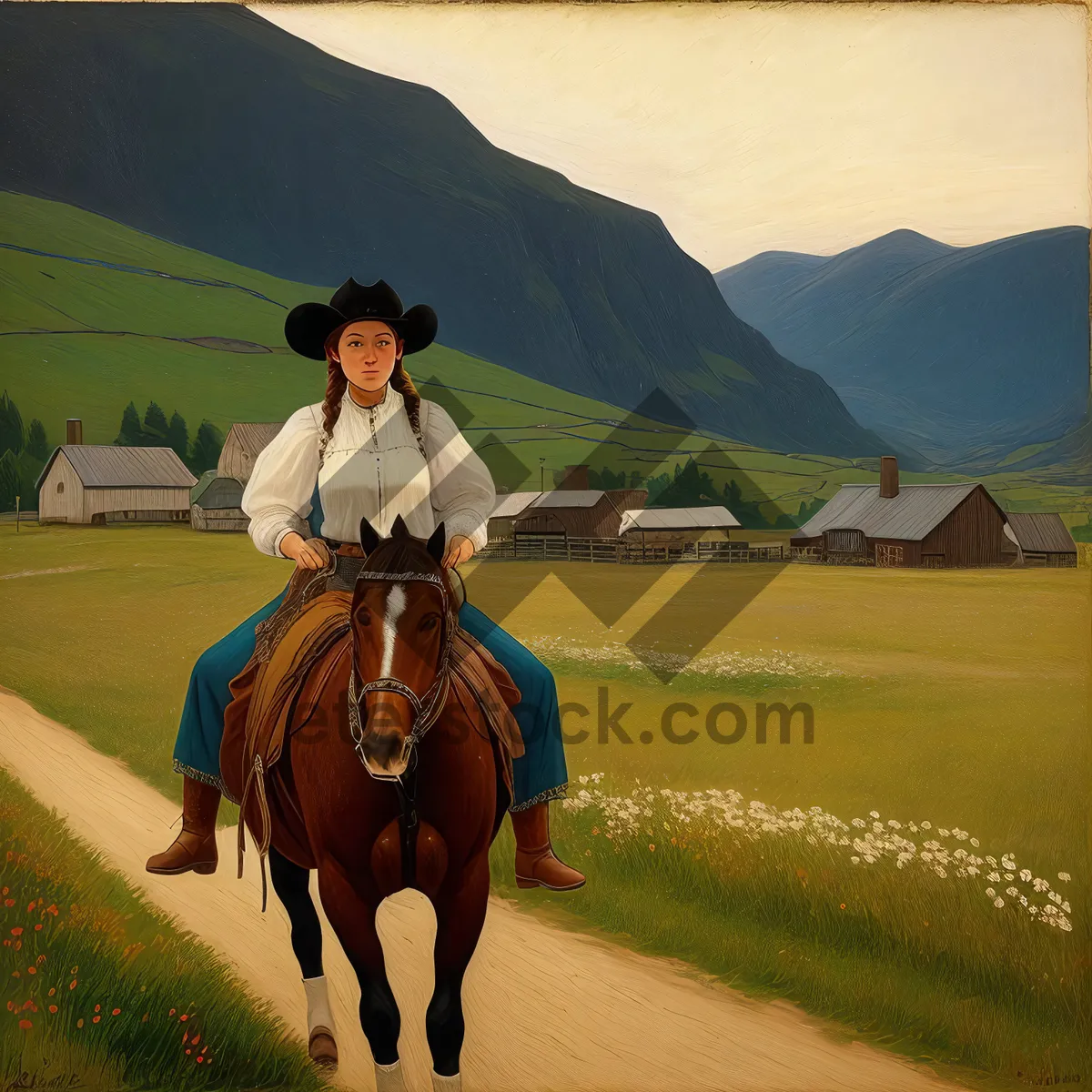 Picture of Energetic Cowboy on Stallion Galloping Outdoors