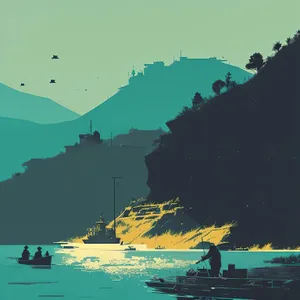 Serene coastal landscape with shimmering bay waters.