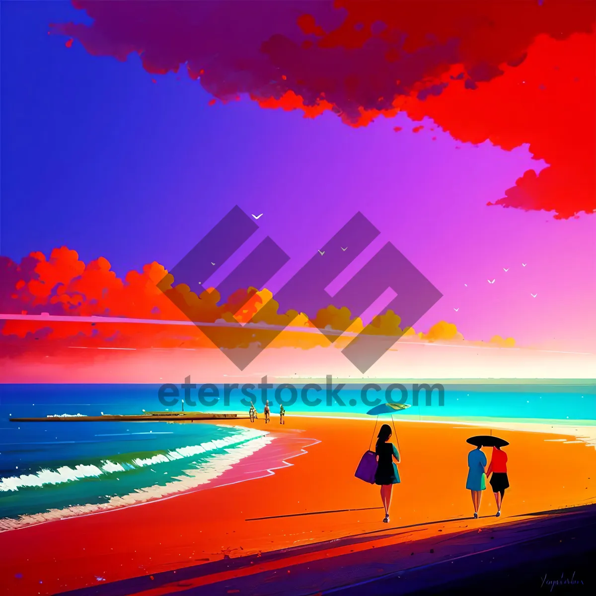 Picture of Sunset Horizon on Beach: Vibrant Coastal Landscape