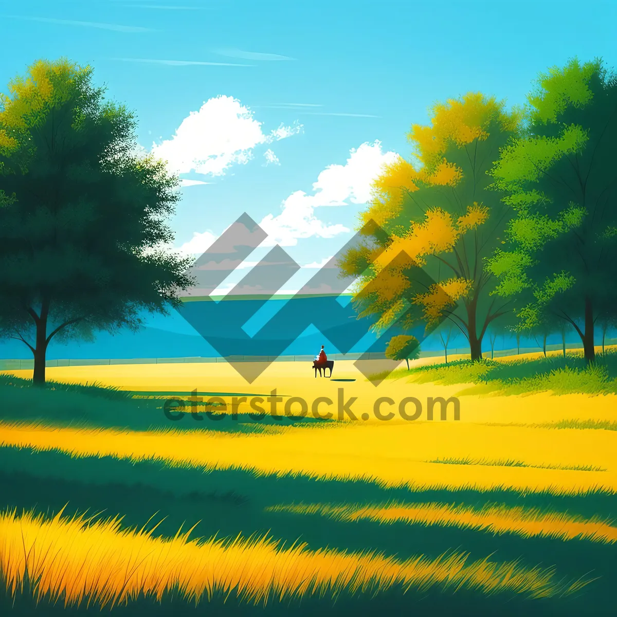 Picture of Idyllic Countryside Landscape with Rolling Hills and Clear Blue Sky