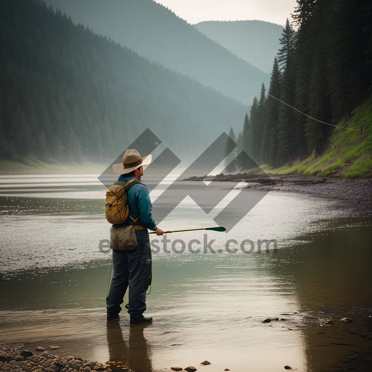 Picture of Man Fishing with Paddle on Sunny Beach