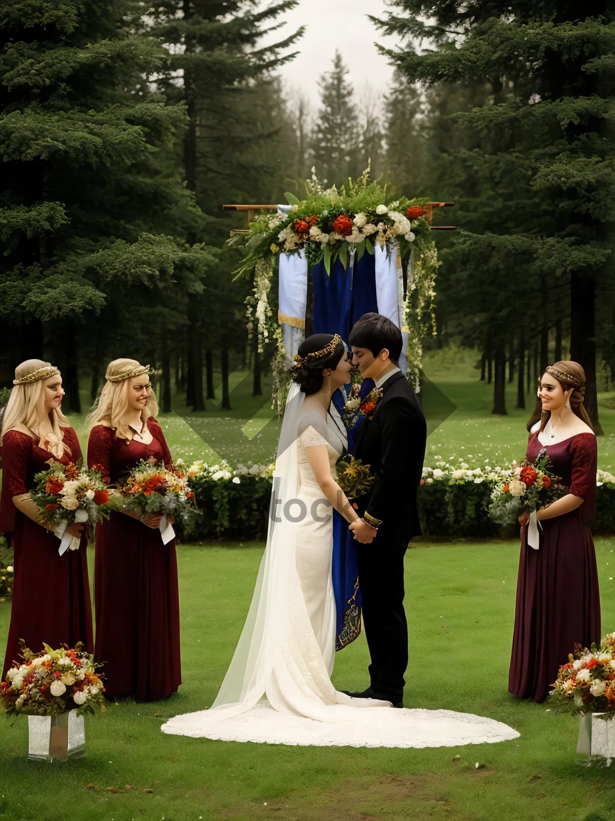 Picture of Joyful Wedding Celebration: Happily Married Couple with Bouquet