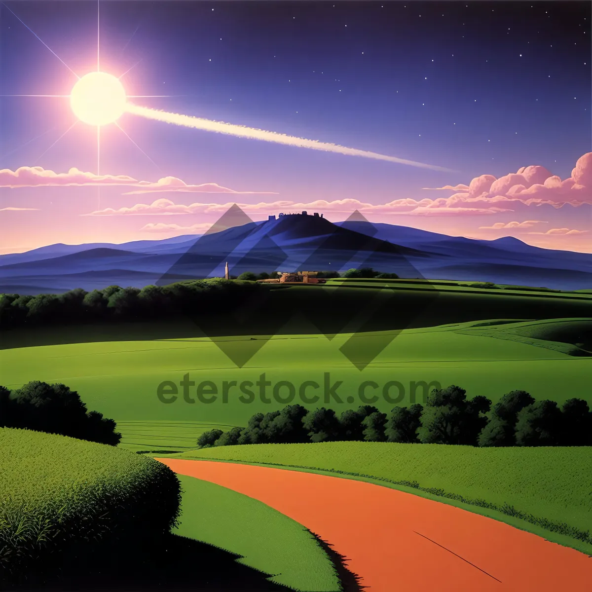 Picture of Serene countryside landscape with rolling hills and clear blue skies.