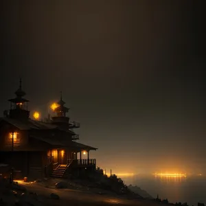 Night cityscape with majestic aircraft carrier and urban skyline