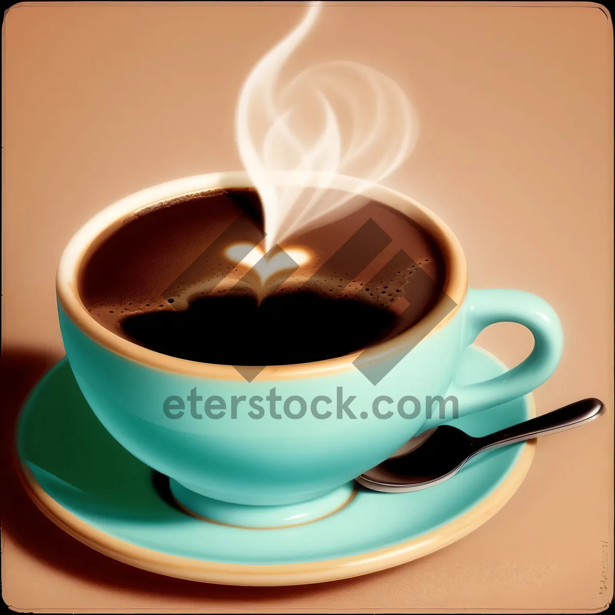 Picture of Hot Morning Beverage in Black Ceramic Mug with Spoon