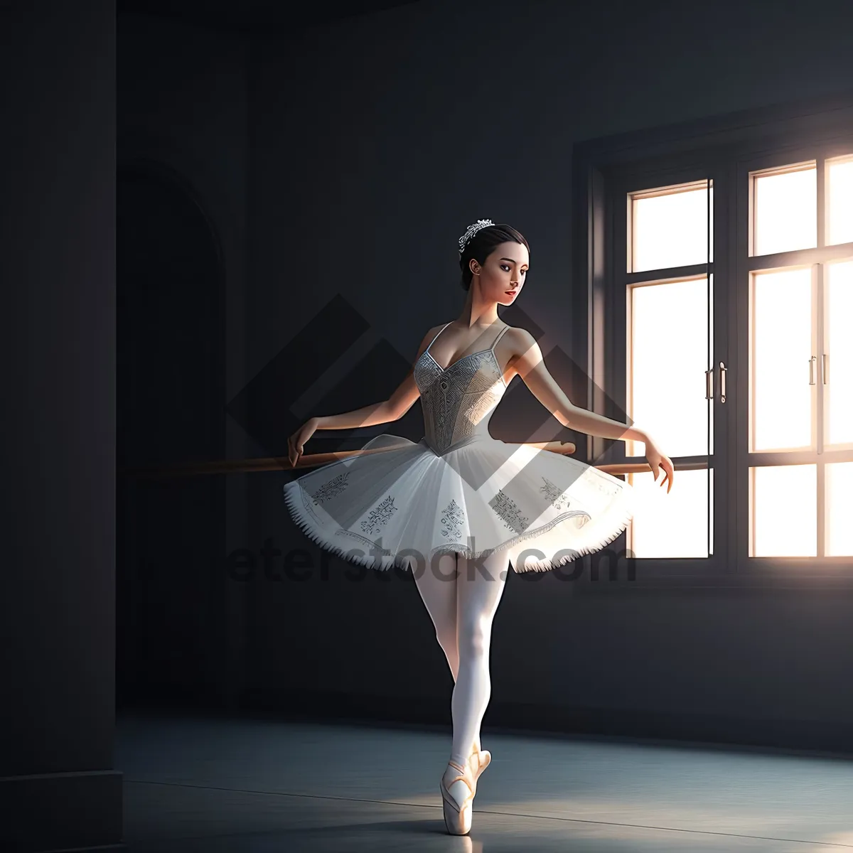 Picture of Elegant ballet dancer gracefully poses in beautiful bridal gown.