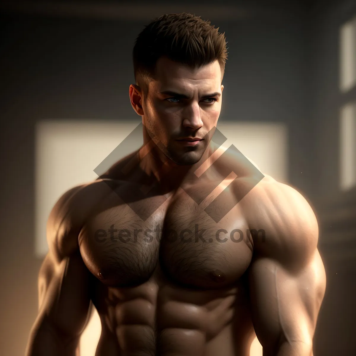 Picture of Muscular Male Fitness Model showcasing Strong Abdominal Muscles in Dark Gym