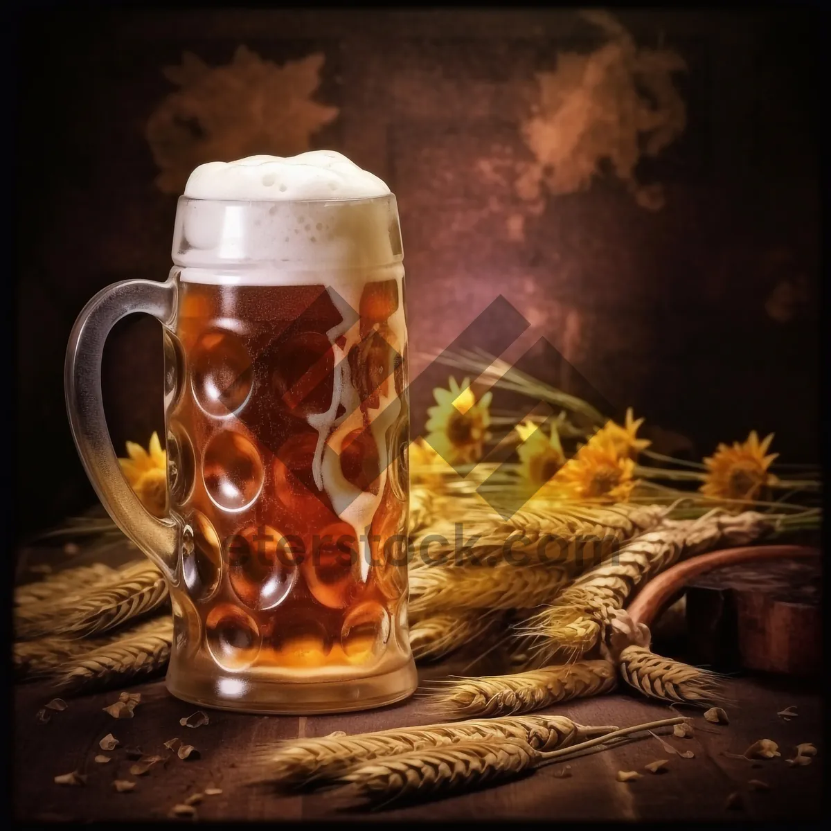 Picture of Golden beer glass with frothy bubbles at a party.