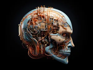 Science fiction concept of ai. Artificial brain as the most important element of the artificial intelligence system. Electronic chips and memory elements are integrated into the brain structure.