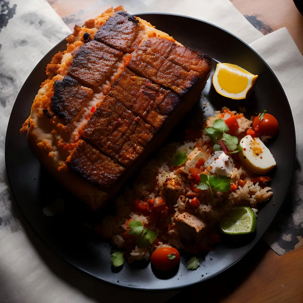 Picture of Delicious gourmet steak with fresh vegetables and salad.