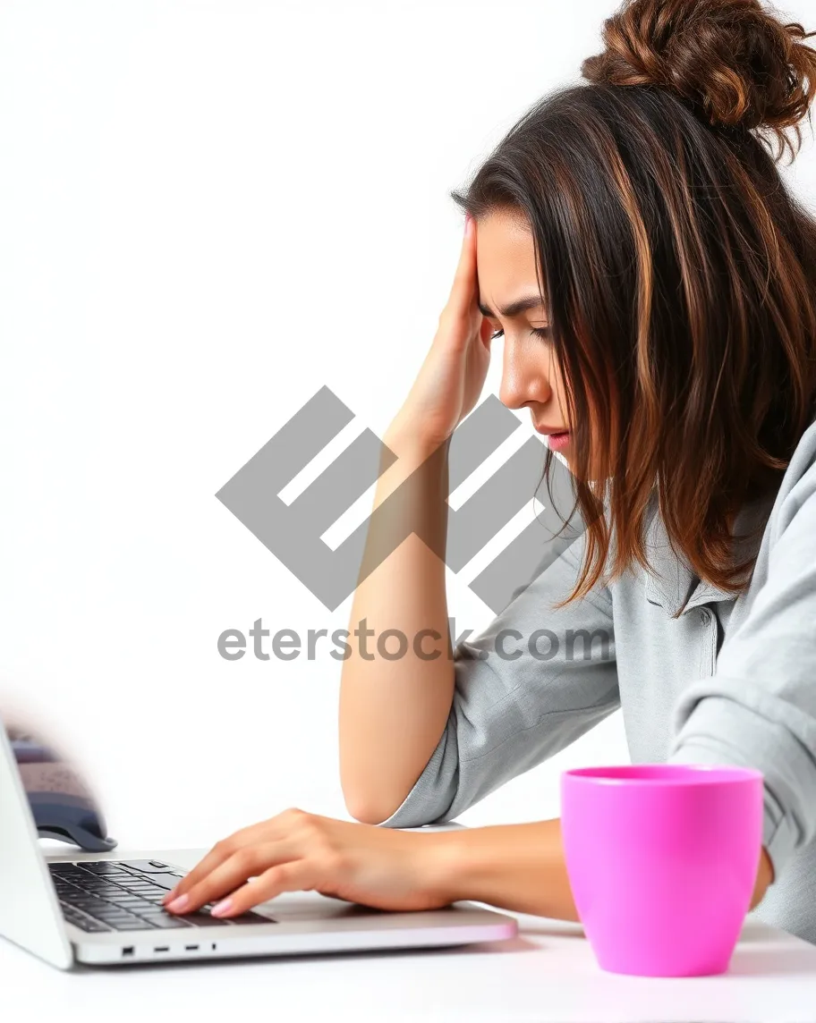 Picture of Happy businesswoman working on laptop in office