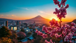 Sunset over Japanese countryside fields with pink sky