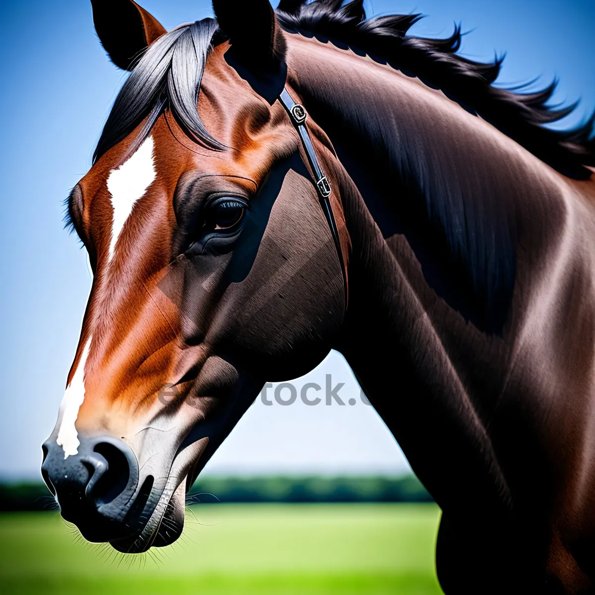 Picture of Majestic Brown Stallion Grazing in Fields