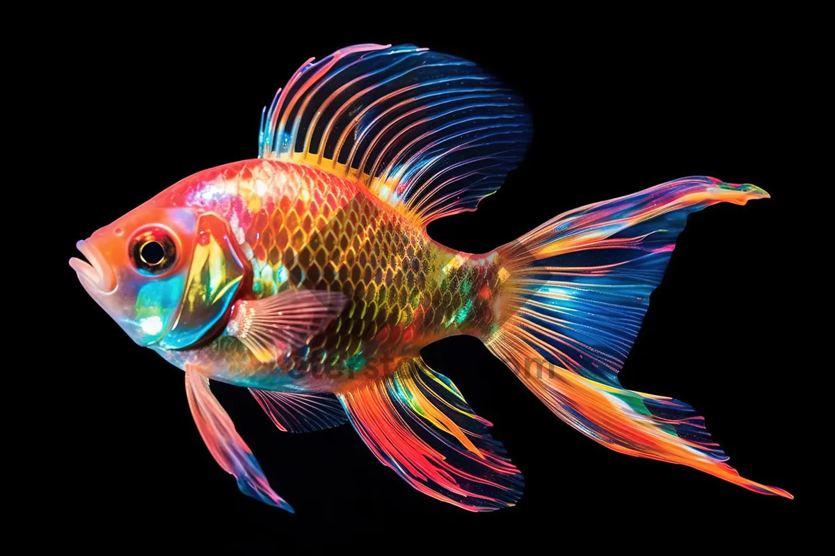 Picture of Orange Goldfish Swimming in Colorful Aquarium Tank.