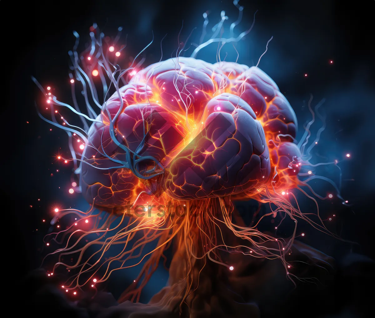 Picture of Science fiction concept of ai. Artificial brain as the most important element of the artificial intelligence system. Electronic chips and memory elements are integrated into the brain structure.