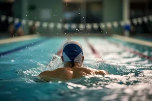 Attractive swimmer in bikini and cap relaxing by pool