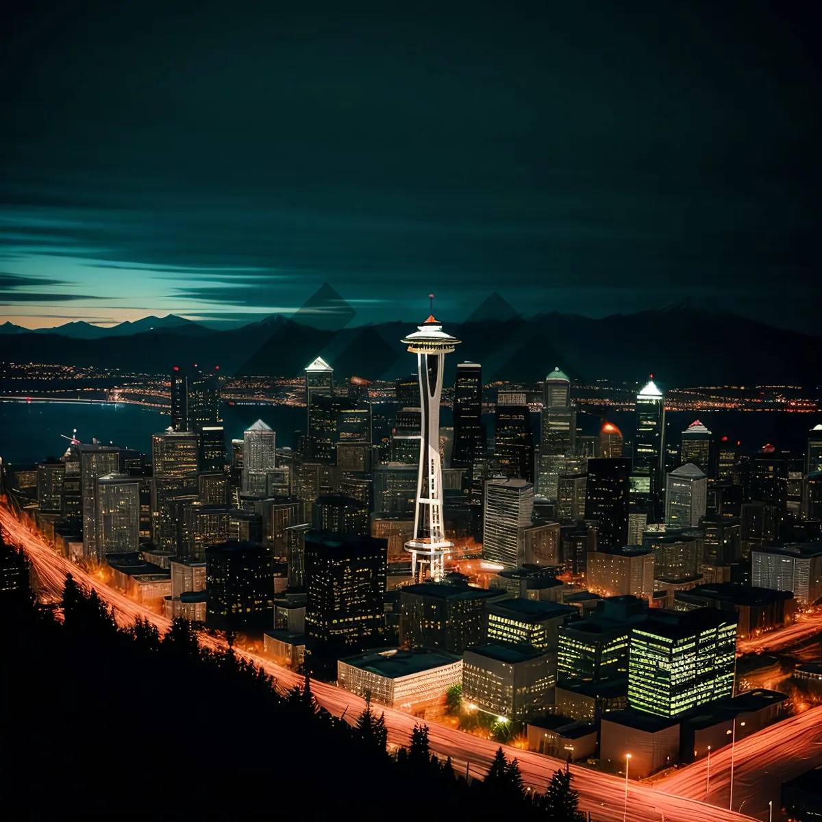 Picture of Vibrant Nighttime Cityscape Illuminated by Evening Lights