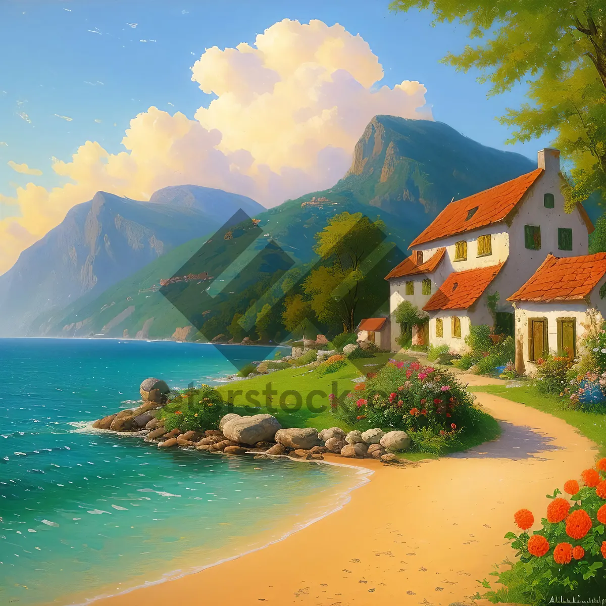 Picture of Tropical Paradise Beach With Palm Trees And Blue Ocean