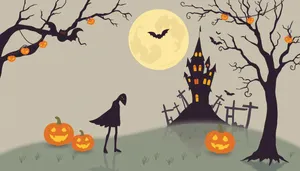 Cartoon Moonlight Cemetery Scene with Halloween Pumpkins