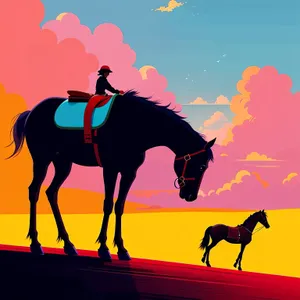 Giraffe Silhouette in Black: Savanna Recreation with Horse and People