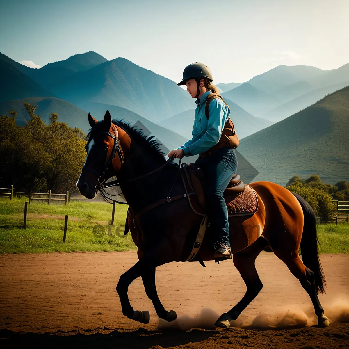 Picture of Cowboy riding stallion over horseback