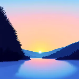 Serene Sunset Over Water and Mountains