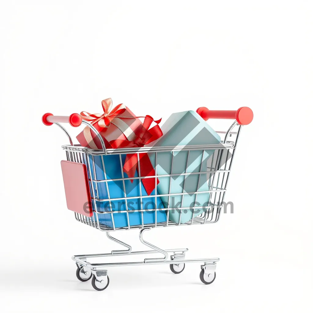 Picture of Supermarket shopping cart with empty metal wheels.