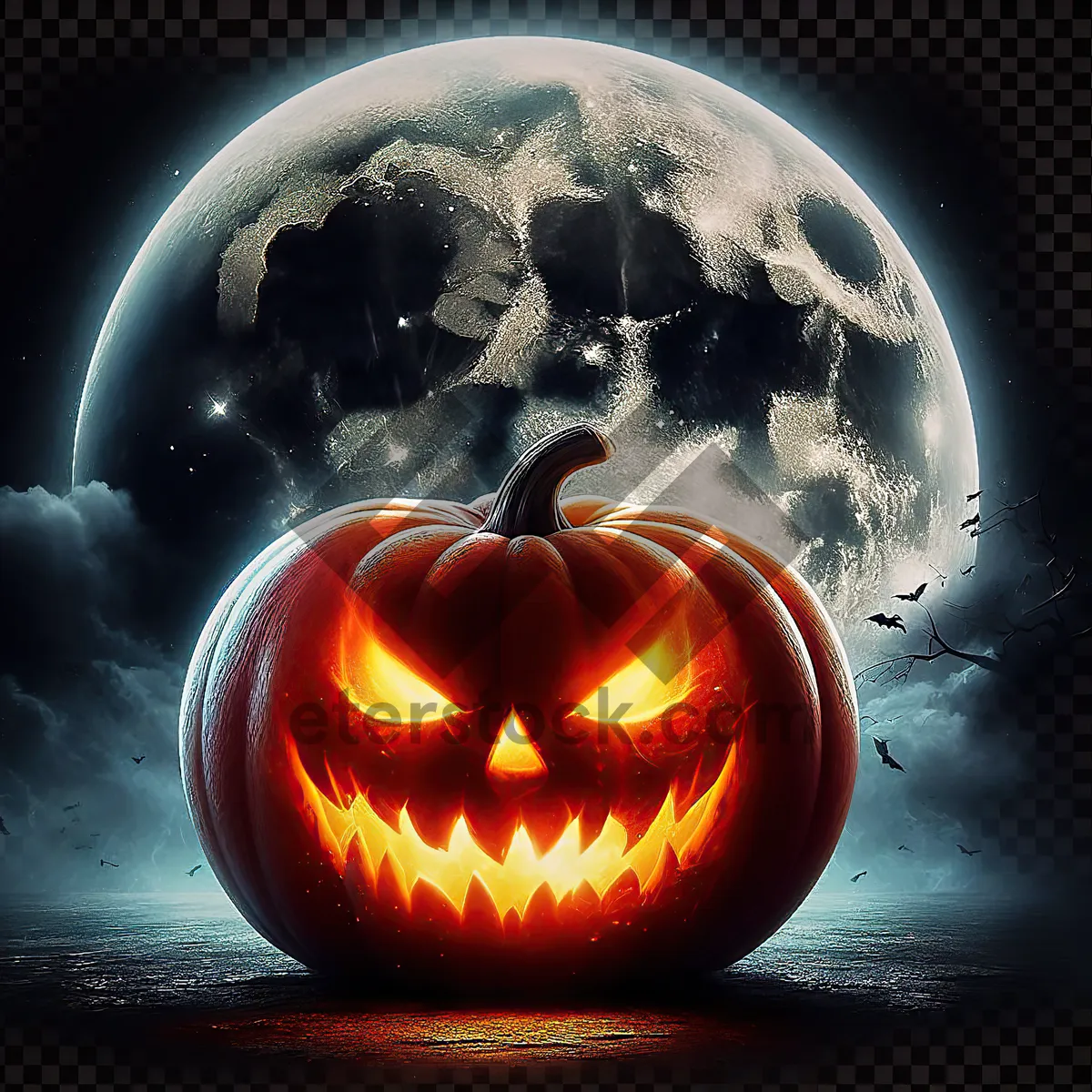 Picture of Spooky Jack-o'-lantern Illuminated by Candle Light. Bright orange pumpkin with carved ominous face, lit from inside by fire, on background of big full moon, png format. AI, Generation, Illustration.