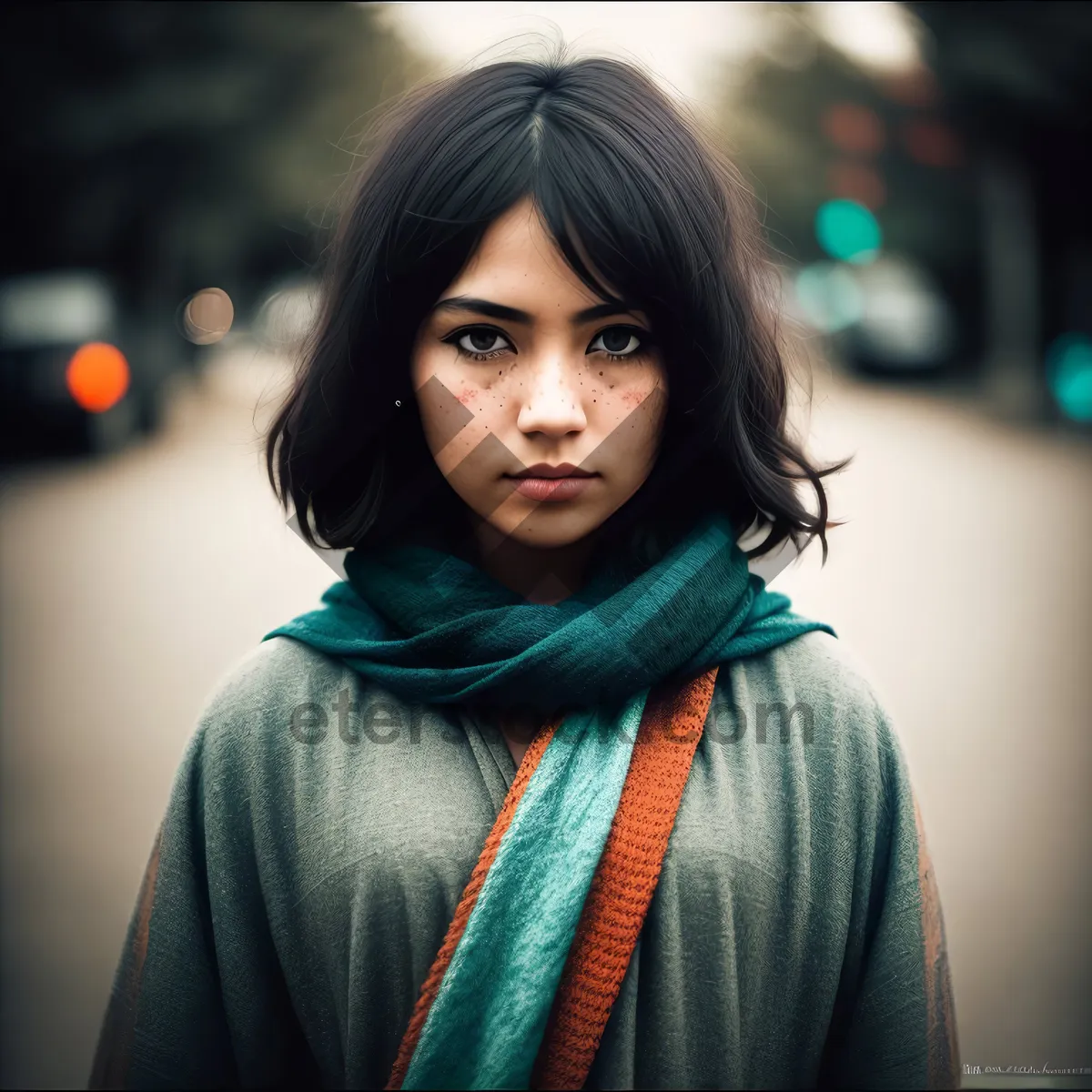 Picture of Smiling Brunette Lady in Fashionable Cloak and Scarf"
or
"Attractive Fashion Model in Cloak and Stole